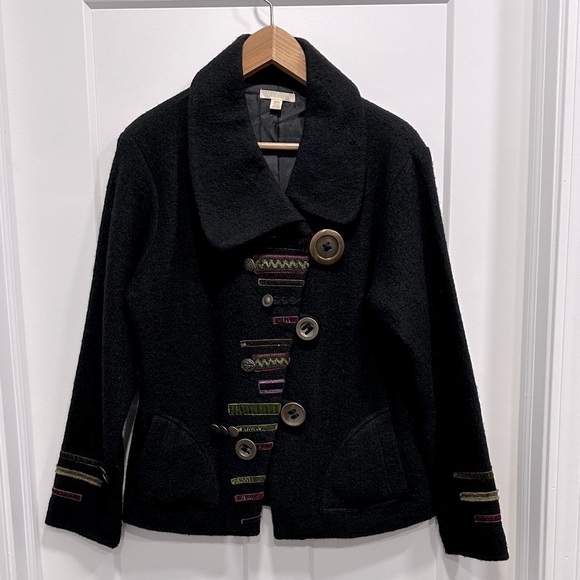 Carson Black Wool Swing Jacket with Decorative Buttons Appliquéd Fabric - Size M - Picture 2 of 16